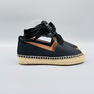 J Crew Shoes Womens 6.5 Black Espadrille Platform Lace Up Canvas Flat Summer NEW